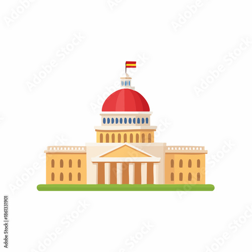 Flat illustration of a government building with a red dome and columns, flag on the roof
