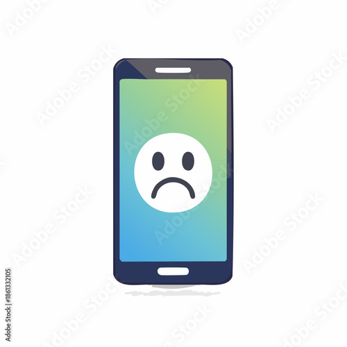 Mobile Phone Displaying Sad Face Emoji on Screen with Gradient Background, Negative Feedback Concept