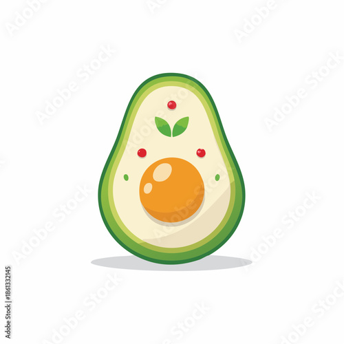 Playful Avocado Illustration with Egg Yolk and Red Berries on White Background