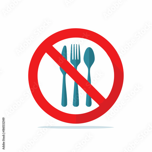 No food allowed sign featuring a fork knife and spoon inside a red circle prohibition symbol