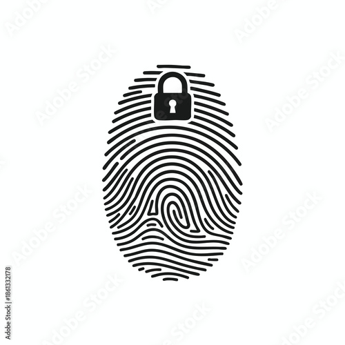 A black fingerprint with a padlock icon on top, against a white background