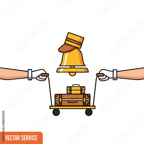 Illustration of bellhop and luggage on a cart, hotel bell, hands holding the cart