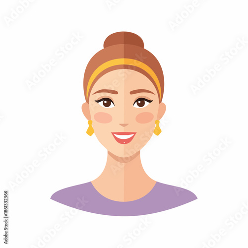 Woman smiling with hair bun and earrings in flat style illustration. Elegant female headshot with happy expression.
