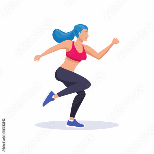 Woman Running or Jogging in Fitness Attire with Blue Hair
