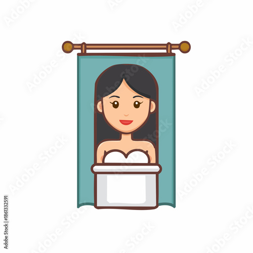 Cartoon woman in spa wrapped with towel near curtain. Beauty and wellness concept