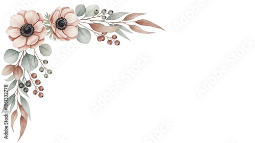 Soft botanical watercolor corner design with anemones and eucalyptus in muted terracotta isolated on white background