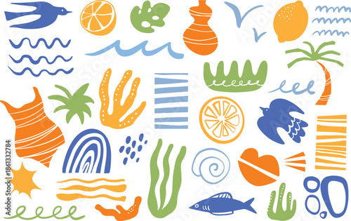 Summer abstract shape doodles. Beach, seaside clipart with shells, seagulls, waves. Vibrant hand drawn illustrations