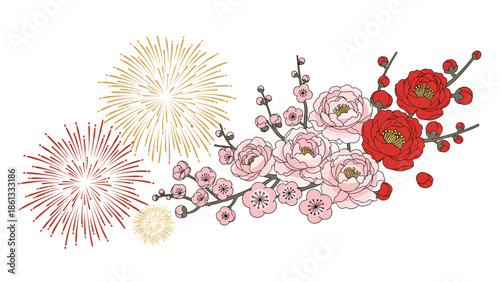 Vibrant flowers and fireworks celebrate festive occasions with elegance, Generative AI.