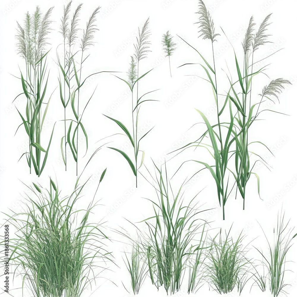 Fototapeta premium A photorealistic image of green grasses in various poses and sizes, with detailed textures on a white background
