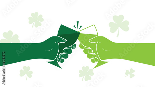 Two hands clinking green cocktail glasses with shamrocks, Generative AI.