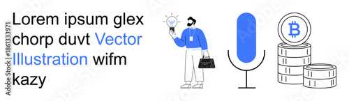 Digital economy, cryptocurrency, innovation, technology, creativity, business concepts. A person holds a lightbulb with a microphone and Bitcoin coins nearby. Cryptocurrency and innovation focus