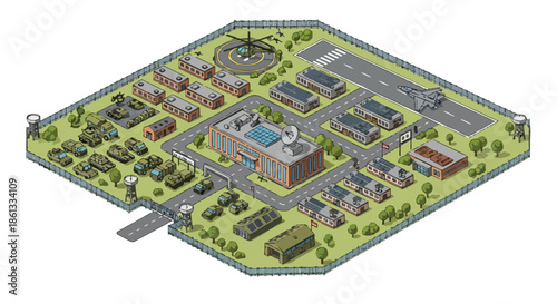 Isometric cartoon illustration of a detailed military base with various buildings, vehicles, and air assets. A comprehensive visual representation