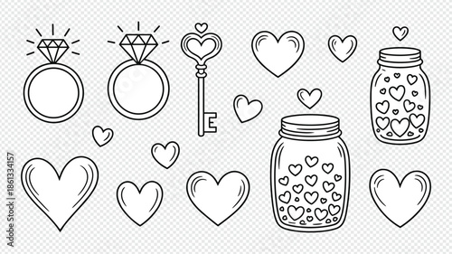 Valentine day wedding engagement outline icon set diamond ring key jar hearts doodle elements