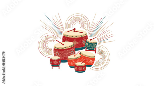 Vibrant traditional drums with dynamic patterns and colorful designs, Generative AI.