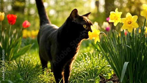 Black cat in a vibrant garden of flowers and greenery