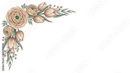 Soft hand painted floral corner border with tulips and ranunculus in a neutral beige palette isolated on white background