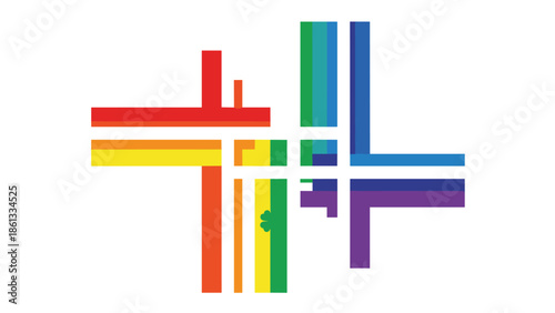 Vibrant rainbow colored geometric shapes forming cross symbol, Generative AI.