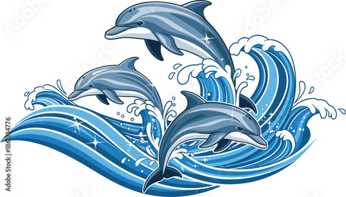Dolphin jumping through blue ocean waves set, marine animal swimming in sea water, cad drawing flat vector illustration, isolated nautical nature design