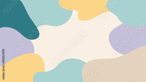 Abstract shapes in various pastel colors arranged in a harmonious composition viewed from directly above