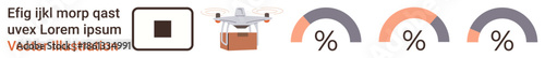 Logistic solutions, automation, data insights, e-commerce, progress tracking, technology visualization. A quadcopter delivers a package next to percentage graphs and progress bars. Logistic solutions