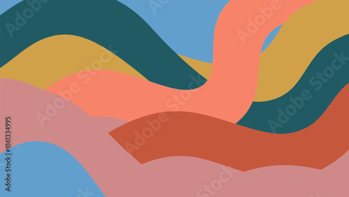Vibrant abstract landscape illustration with wavy shapes and colorful terrain viewed from above