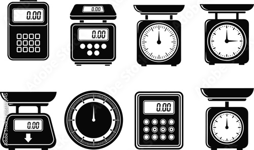 Kitchen weighing scale silhouette set, digital and analog food measurement icons, bakery equipment collection, cad drawing flat vector illustration, isolated