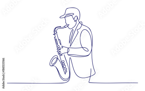 Continuous line art portraying a jazz saxophonist playing music with smooth rhythm