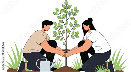 Man and woman planting tree in garden, environmental conservation and reforestation concept, cad drawing flat vector illustration, isolated scene