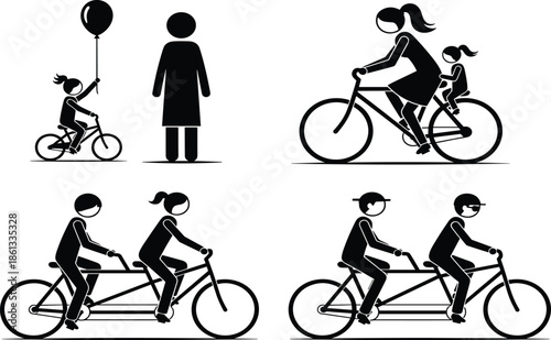 People riding bicycles silhouette set, family cycling activity, child with balloon, tandem bike riders, cad drawing flat vector illustration, isolated black icons