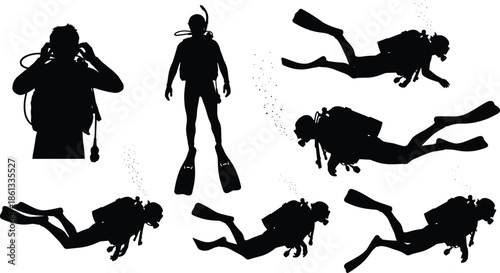 Scuba diver silhouette set, underwater swimming with oxygen tank and flippers, cad drawing flat vector illustration, isolated black icons