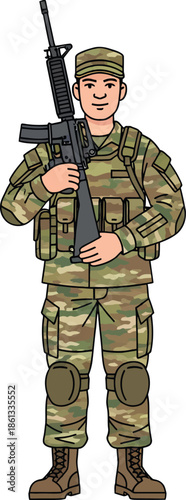 An illustration of a dedicated military infantryman standing ready for duty with professional combat gear