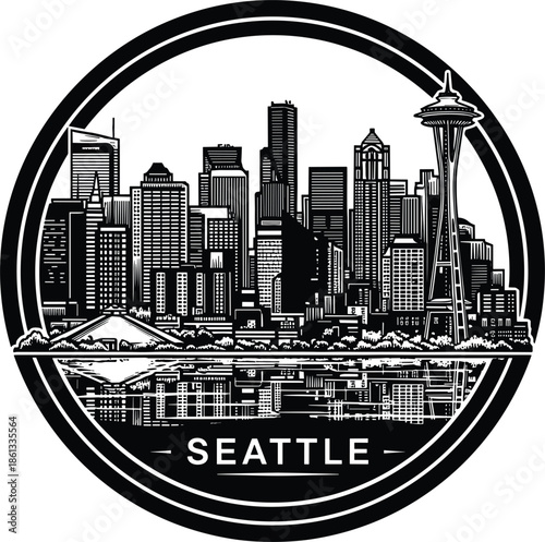 Seattle city skyline circular vector illustration, black and white travel emblem featuring Space Needle and downtown skyscrapers reflecting on water surface, isolated design.