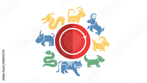 Chinese zodiac animals in colorful circle around red symbol, Generative AI.