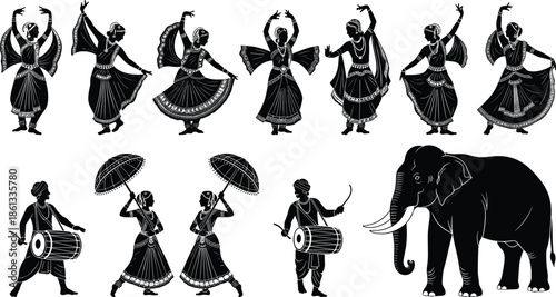 Set of Indian traditional dancers and musicians silhouettes, cultural festival vector collection with elephant and drum players, isolated on white.