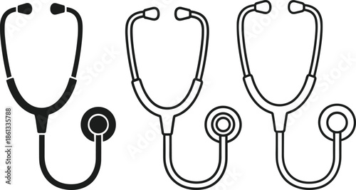 Set of medical stethoscope icons featuring doctor diagnostic tools in solid black and thin line art cad drawing flat vector illustration designs.