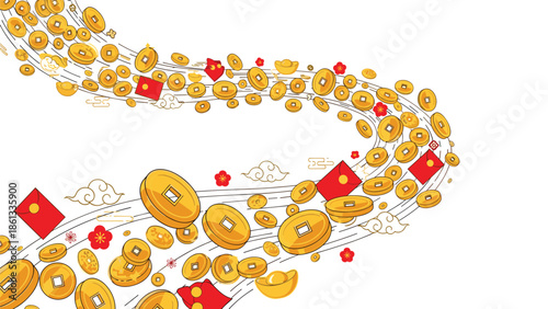 Vibrant Chinese coins and red envelopes swirling in dynamic motion symbolizing prosperity and good fortune, Generative AI.