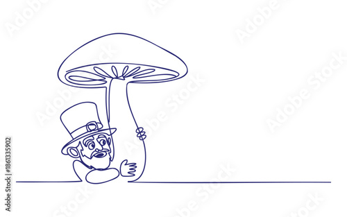 A charming leprechaun peeking out from behind a giant mushroom in a continuous line art style