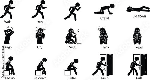 Stick figure people action vector icon set, black and white silhouettes showing human movements like walk run crawl think and read icons, isolated.