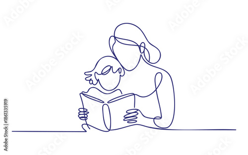 Mother and child reading together, a continuous single line drawing artwork