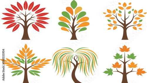 Stylized autumn tree icons set, colorful leaf design collection, forest nature symbols, cad drawing flat vector illustration, isolated on white
