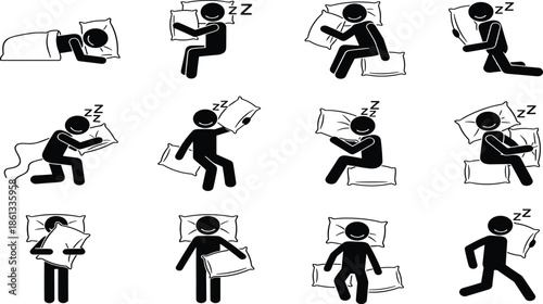 Stick figure people sleeping in bed with pillows vector icon set, black and white rest symbols, flat illustration for sleep health design.