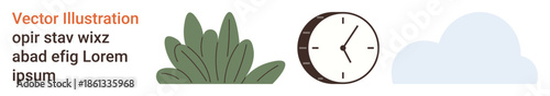 Time management, nature conservation, weather, planning, environmental awareness, scheduling. Green plant, analog clock and blue cloud icons. Nature conservation and time management