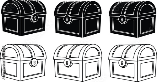 Treasure chest silhouette set, pirate wooden box icons with keyhole, mysterious storage trunk collection, cad drawing flat vector illustration, isolated black outline icons