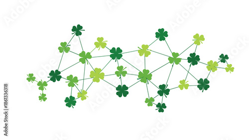 Stylized green four-leaf clover network connections on white background, Generative AI.