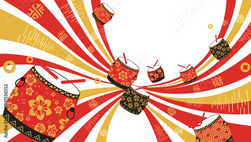 Vibrant Chinese drums in red and gold celebrating cultural heritage, Generative AI.