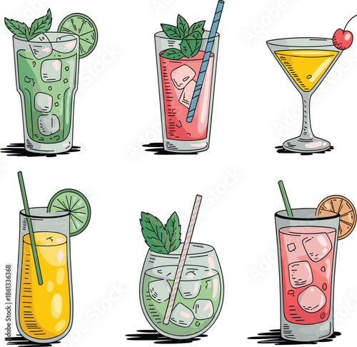 Hand drawn colorful cocktail vector set with mojito, martini, iced tea, lemonade and summer refreshing drinks with mint