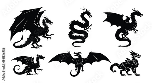 Black silhouette illustrations of dragon heads in various poses and angles