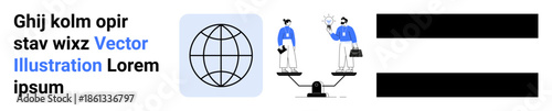 Career decisions, global communication, equality, business negotiations, teamwork, weighing ideas. A globe icon and two individuals on balanced scales. Global communication and equality concept