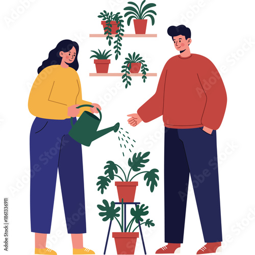 Happy Couple Watering Indoor Potted Plants Together in Cozy Home Decor Gardening Scene
