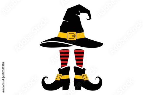 Whimsical witch costume elements featuring a pointed hat, vertically striped socks, and buckled boots, designed for fantasy and magic-themed illustrations and seasonal graphic projects